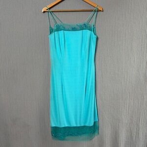 Cache Midi Dress Formal 10 Blue Beaded Mesh Y2K Retro 2000s Sheer
